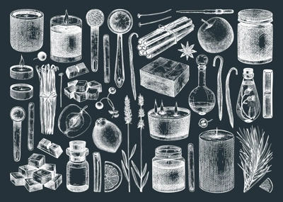 Hand-sketched aromatic candles ingredients set on chalkboard. Vector illustrations of candles, wax, fragrance, color, herbs. Natural materials for aromatherapy, hobby, handcrafts, candle making.